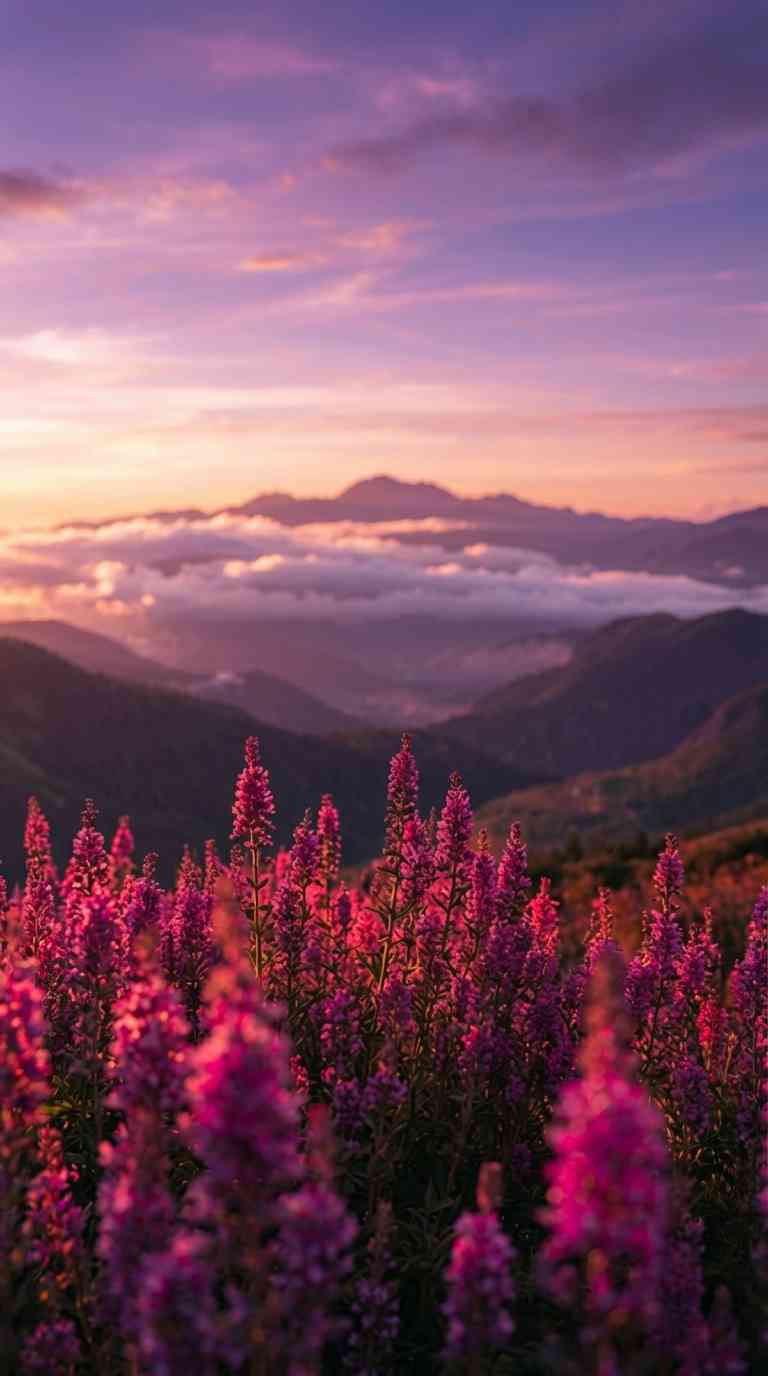Purple wildflowers in the foreground of a misty mountain range during a golden purple sunset landscape.