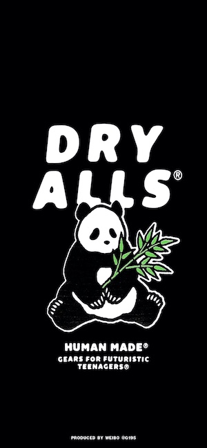 黒背景に白いパンダが笹を持っているイラストとDRY ALLSの文字。ヒューマンメイドのブランド壁紙。
