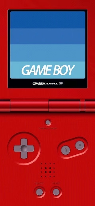 빨간색 게임보이 어드밴스 SP 본체와 파란색 시작 화면이 담긴 미니멀한 스마트폰 배경화면.