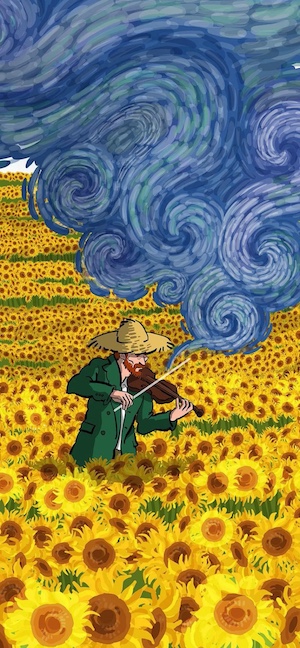 Illustration of Vincent van Gogh playing violin in a yellow sunflower field with a blue swirling starry sky.