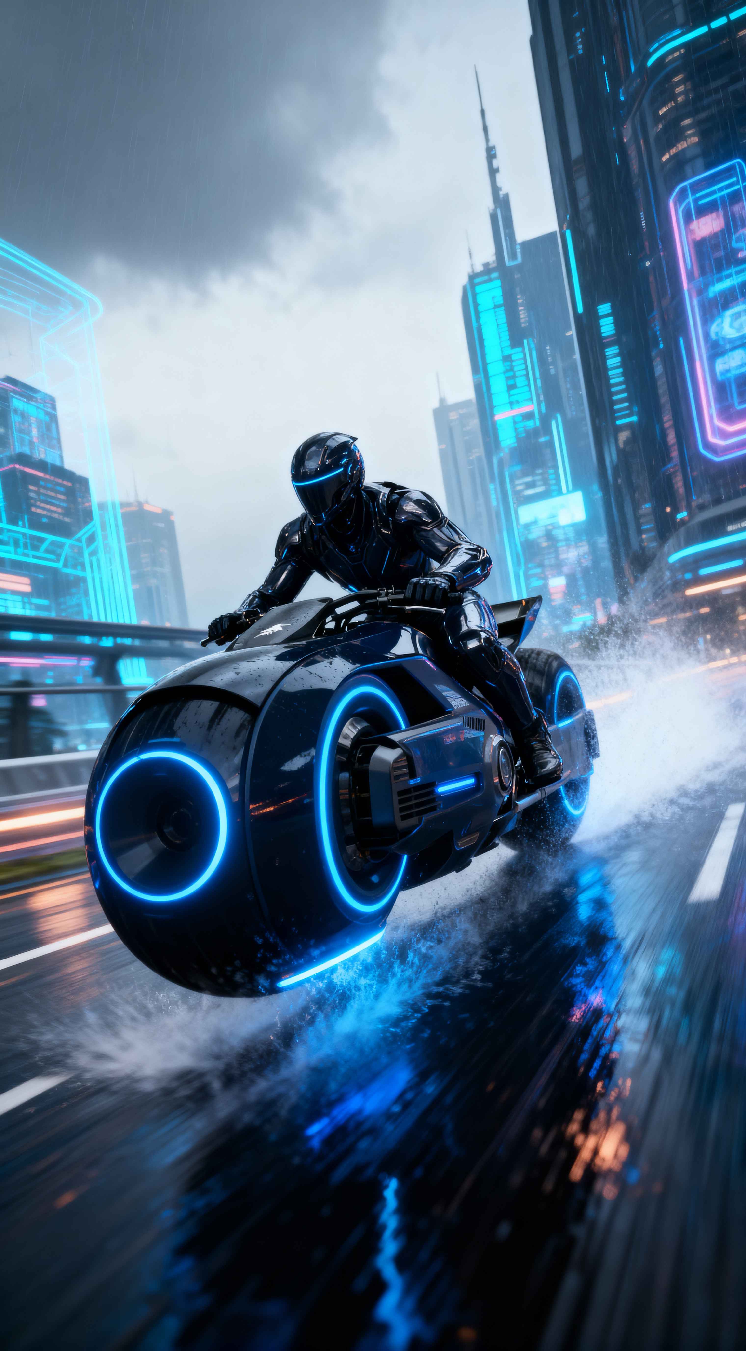 Futuristic biker on a glowing blue motorcycle racing through a rainy cyberpunk city with neon lights at night.