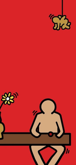 빨간색 배경 위에 키스 해링 스타일의 앉아있는 인물과 매달려 있는 아기 캐릭터 일러스트.