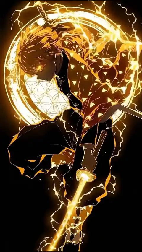 Animated 4K illustration of Zenitsu Agatsuma from Demon Slayer performing Thunder Breathing with glowing yellow lightning effects on a dark background.