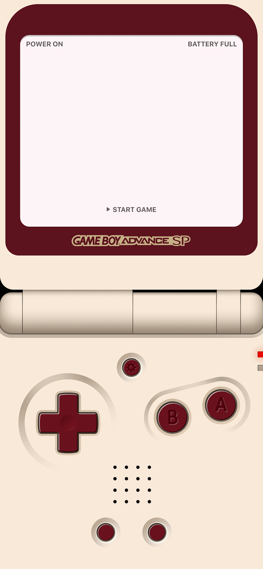 Ilustración minimalista de una Game Boy Advance SP color crema y granate para fondo de pantalla de celular.