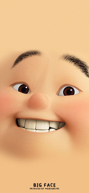 An extreme close-up of a 3D animated character with a wide, toothy grin, bushy black eyebrows, and rosy cheeks against a peach background.