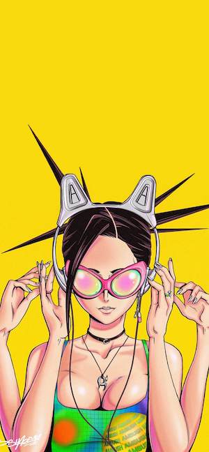 鮮艷黃色背景下佩戴貓耳耳機與粉紅色墨鏡的動漫少女形象。
