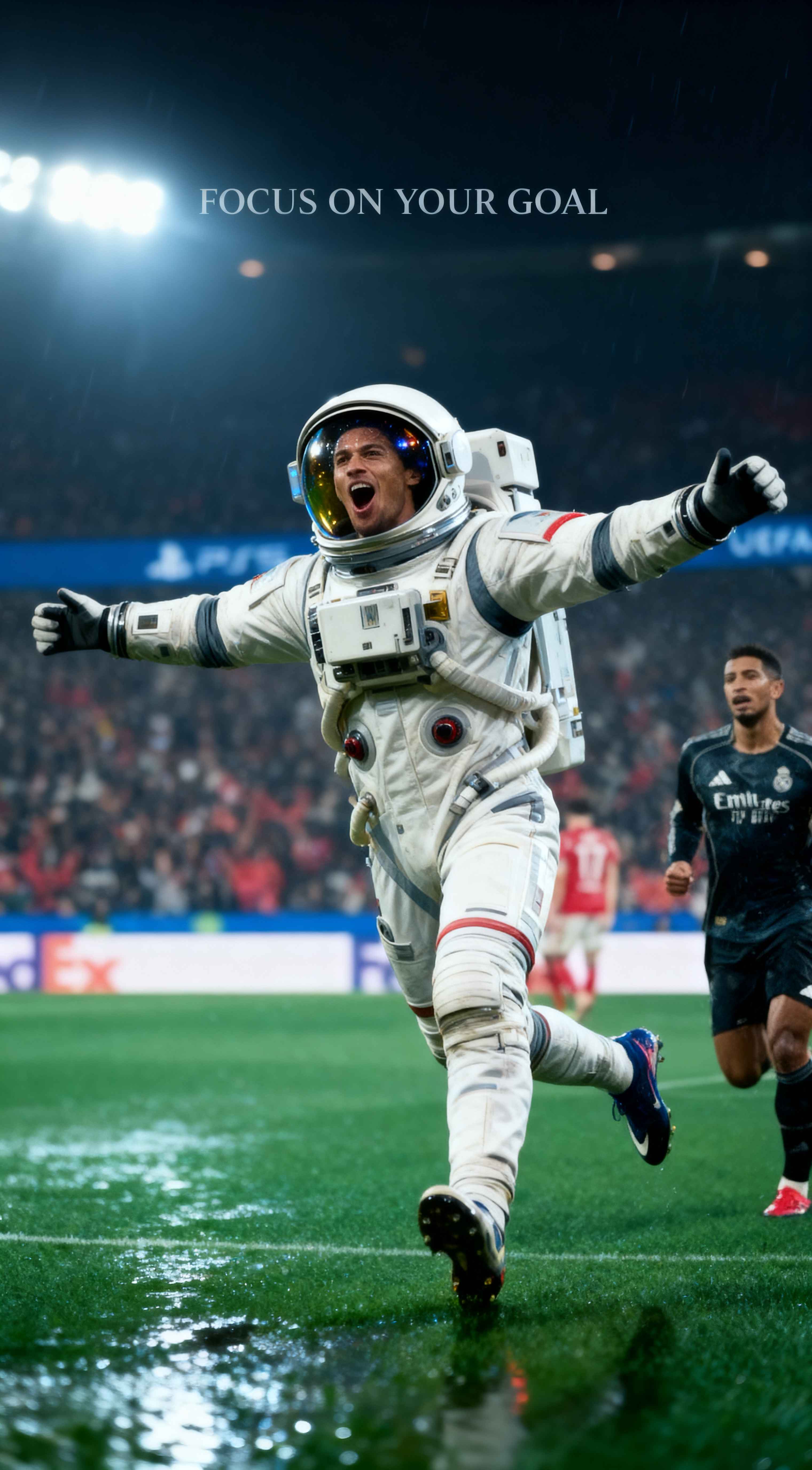 A football player wearing a white NASA-style astronaut suit celebrates a goal on a rainy stadium pitch at night.