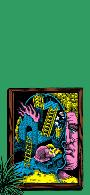A surreal retro illustration of a pink face profile revealing an internal world of ladders and a writing figure against a green background.