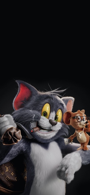 A detailed 3D render of Tom the cat smoking a cigar and carrying a designer bag, while Jerry the mouse wears glasses and a gold chain, styled in a luxury hypebeast aesthetic against a black background.