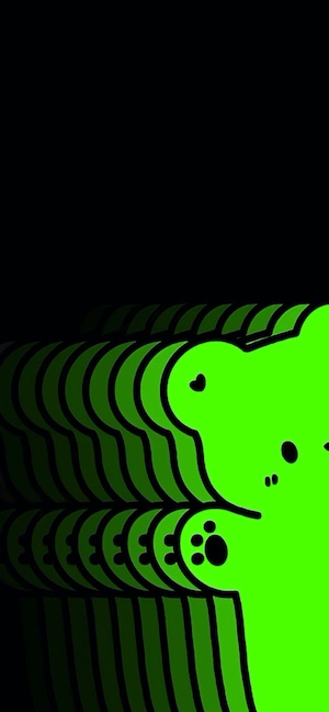 Un personaje de oso estilizado en color verde lima con múltiples capas de rastro de movimiento sobre un fondo negro sólido.