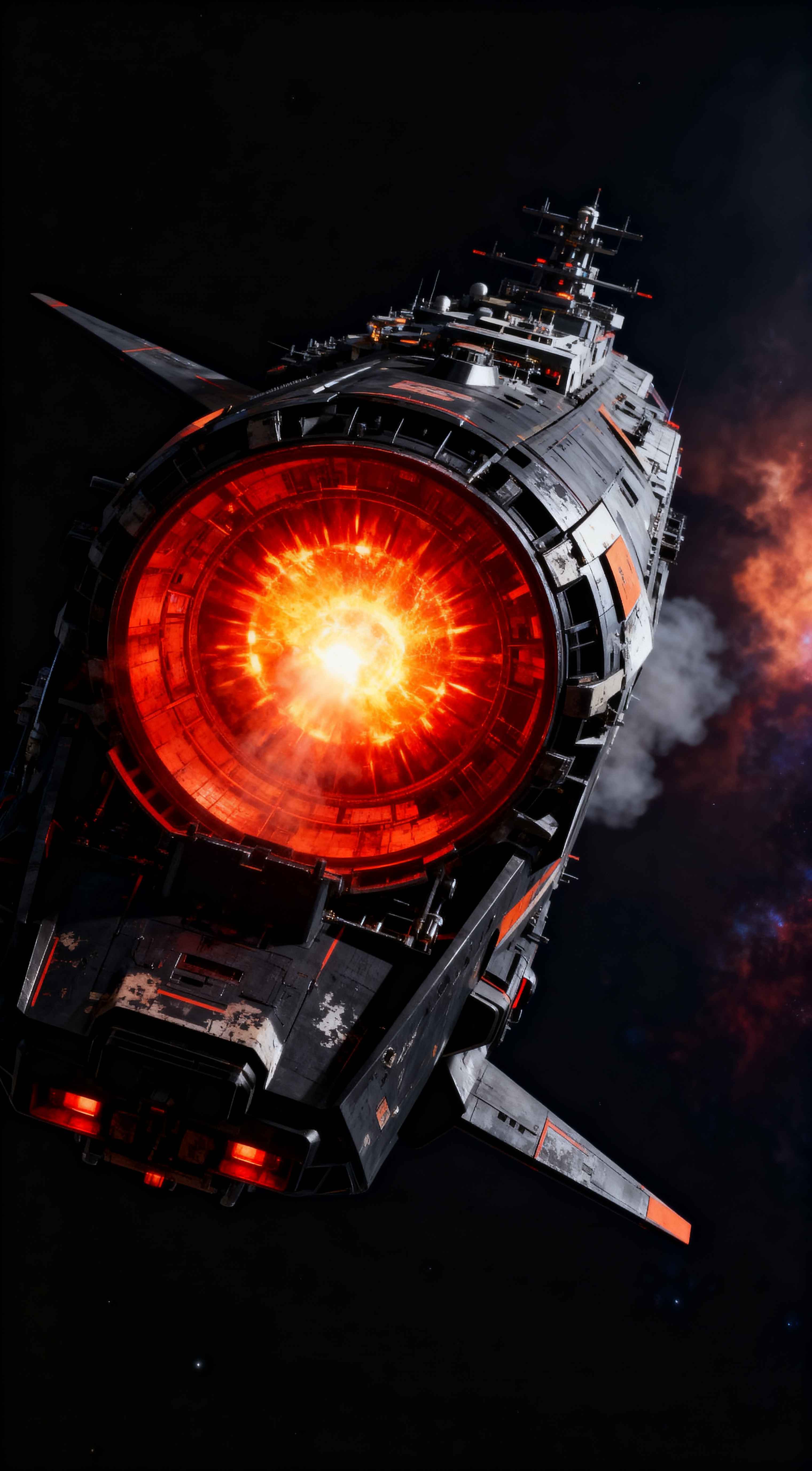 A giant sci-fi spaceship in deep space with a massive glowing orange thruster engine and industrial metallic details.