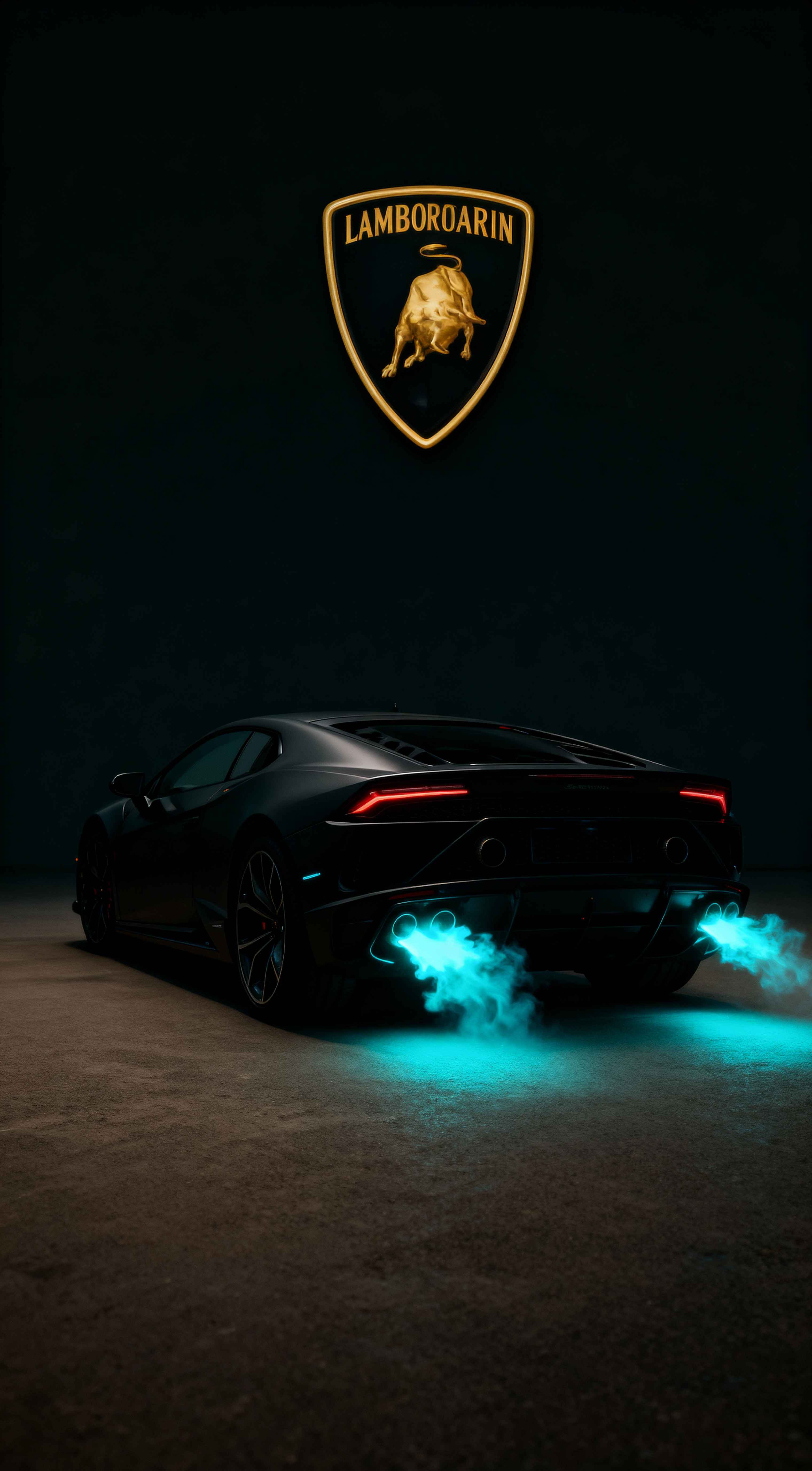 Rear view of a black Lamborghini with glowing cyan exhaust flames and a gold Lamboroarin logo on a dark background.