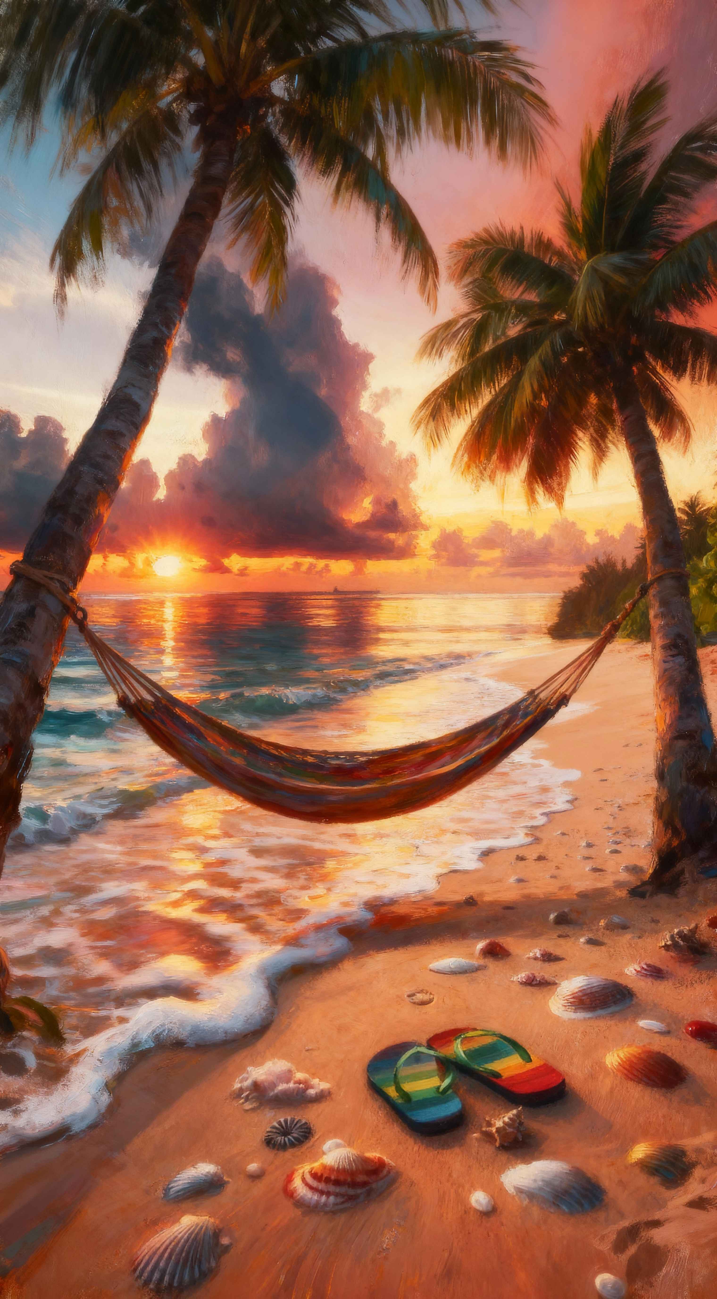 Impressionist oil painting of a tropical sunset beach with a hammock, palm trees, and flip-flops on the sand.