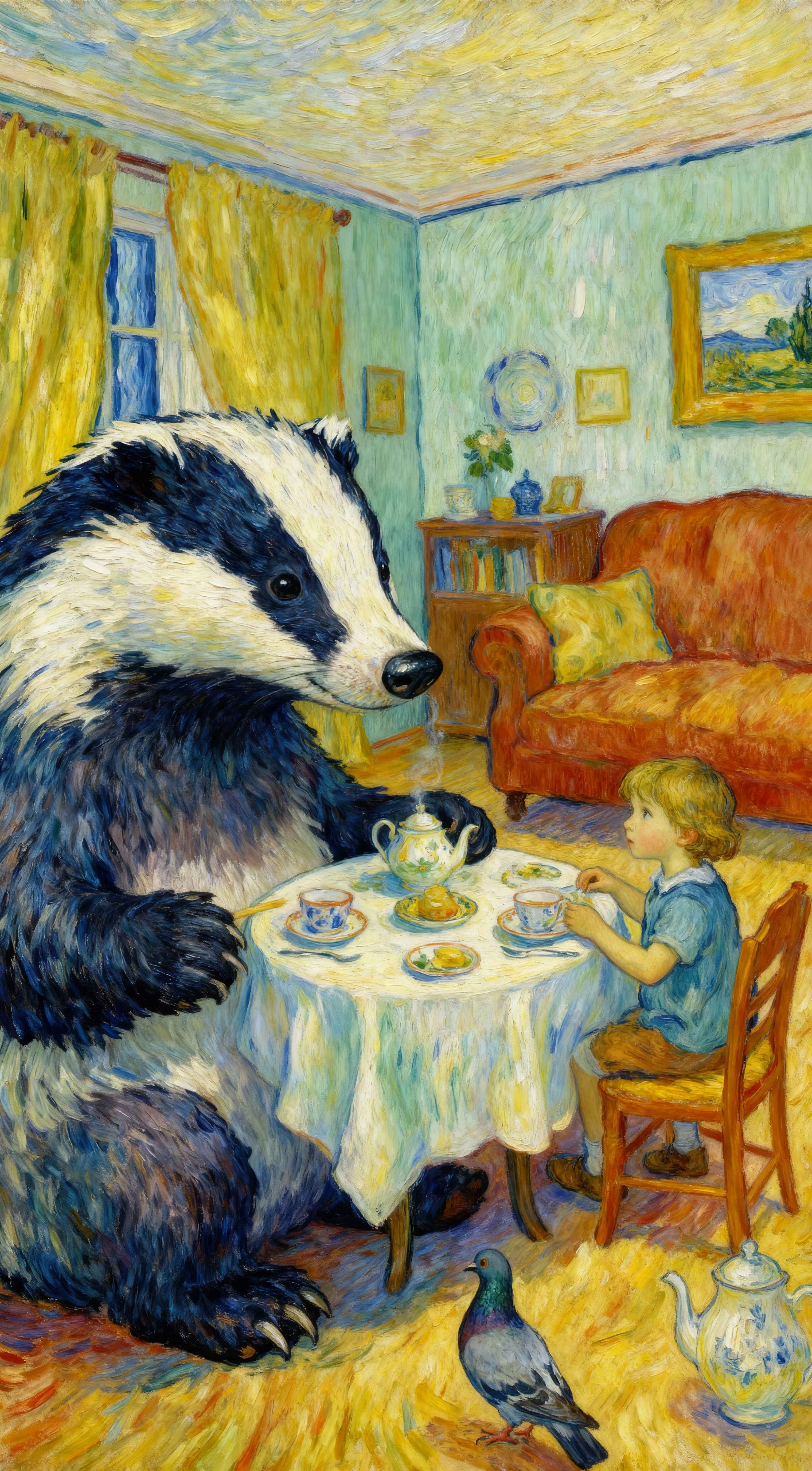 Van Gogh style oil painting of a giant badger and a little boy having tea in a colorful, cozy room with thick textures.