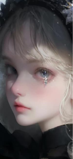 Nahaufnahme eines blassen Mädchens im Gothic-Stil mit blauen Augen und einer Kristallträne unter dem Auge.