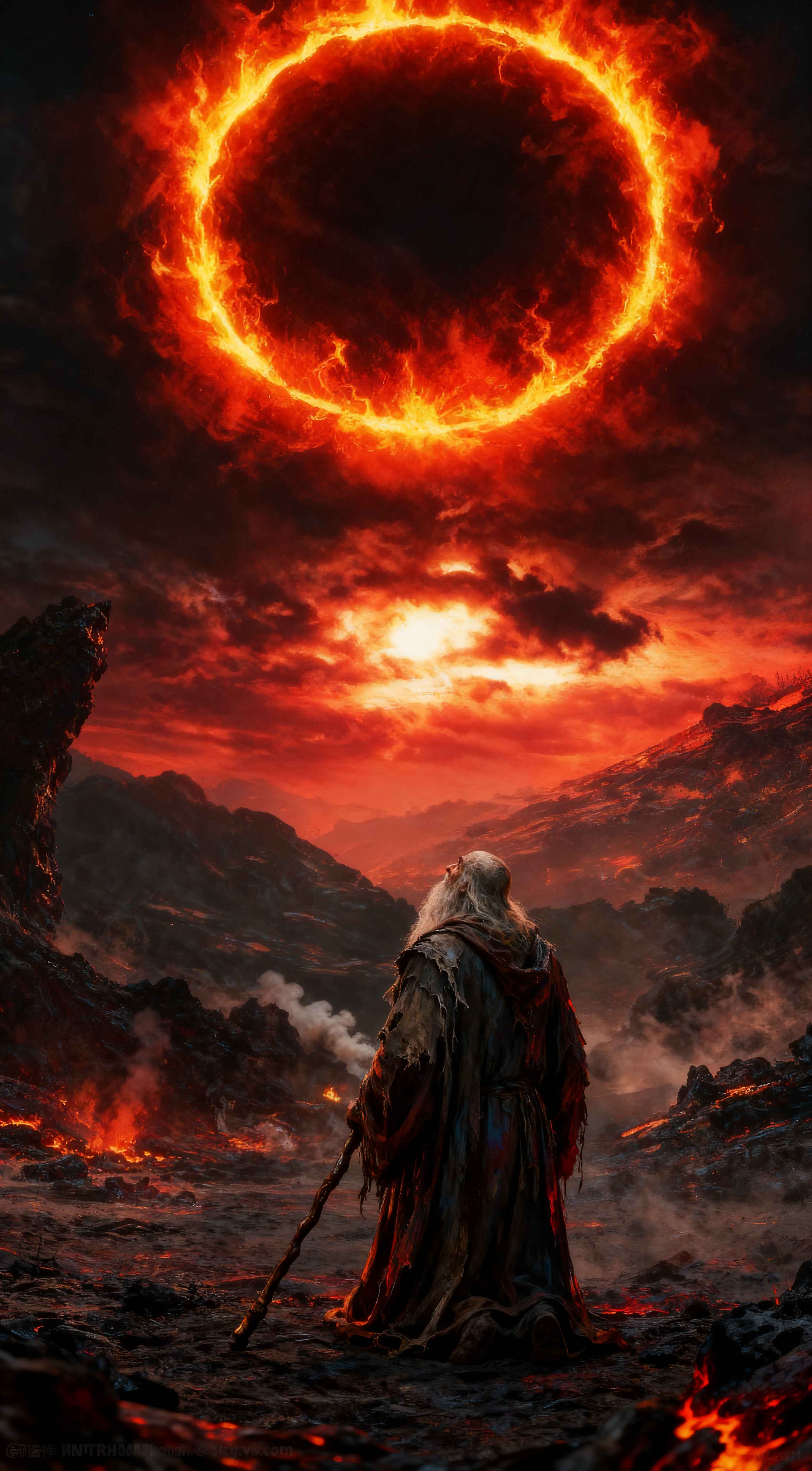 An old wizard with a staff looking at a giant ring of fire in a volcanic dark fantasy landscape with red clouds.