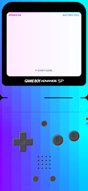 Une illustration numérique d'une console portable Game Boy Advance SP bleu et violet, conçue pour servir d'arrière-plan de téléphone mobile.