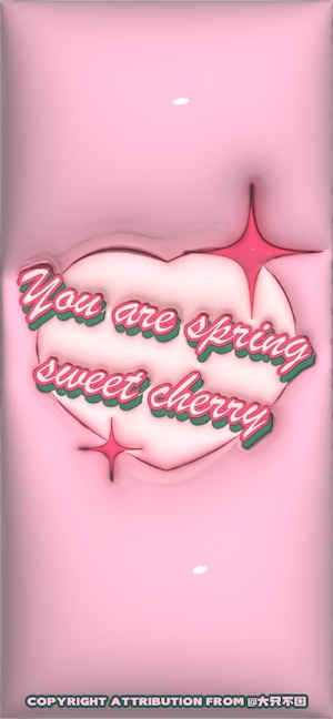 A glossy 3D puffy pink heart with 'You are spring sweet cherry' retro typography on a soft pink background with sparkles.
