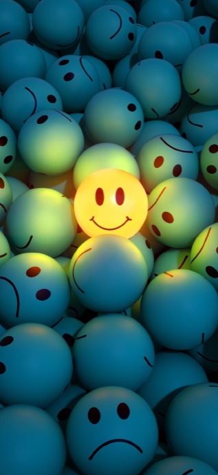 A central glowing yellow smiley face sphere standing out among a pile of teal spheres with sad faces in a 3D rendered style.