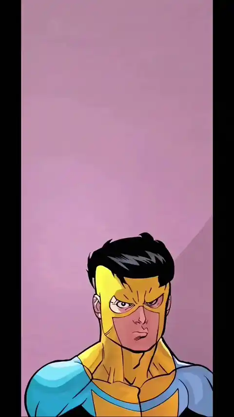 Animated comic illustration of Invincible Mark Grayson wearing his yellow and blue superhero suit against a pink background.