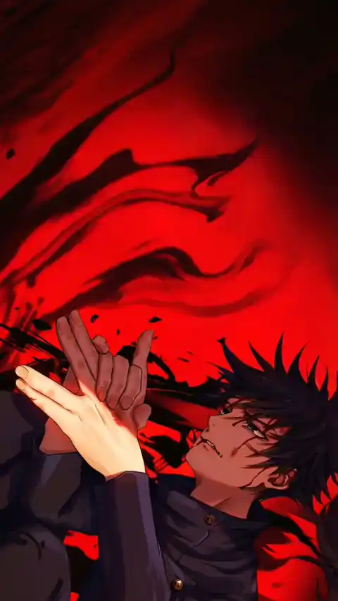 Animated illustration of Megumi Fushiguro from Jujutsu Kaisen performing a hand sign against a dark red and black shadow background.