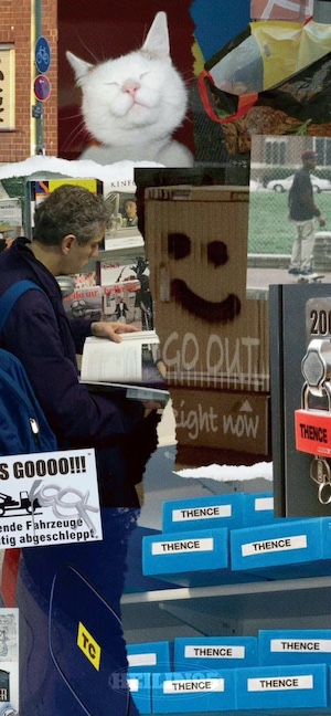 An aesthetic collage featuring a white cat with closed eyes, a man reading a book, and blue 'THENCE' boxes with a smiley face on cardboard.