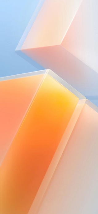 A minimalist 3D abstract composition of translucent orange and blue geometric cubes with soft lighting.