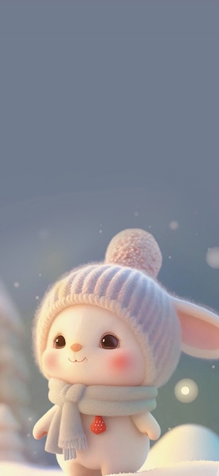 A close-up 3D render of a cute white bunny wearing a light blue knitted hat and scarf in a soft snowy landscape with bokeh lights.