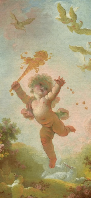 Pintura al óleo clásica de un querubín volando en un cielo pastel, sosteniendo una vara dorada, con palomas blancas alrededor.