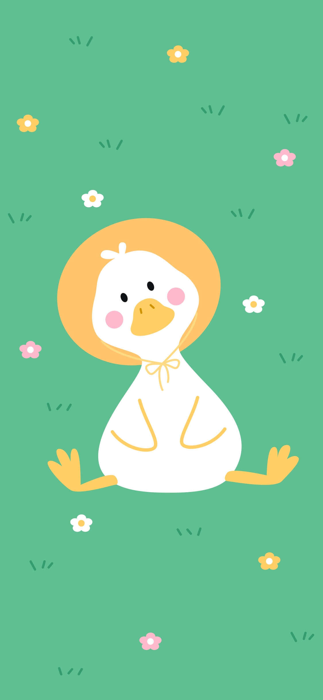 A cute white cartoon duck wearing a yellow sun hat sitting in a green grass field with small flowers.
