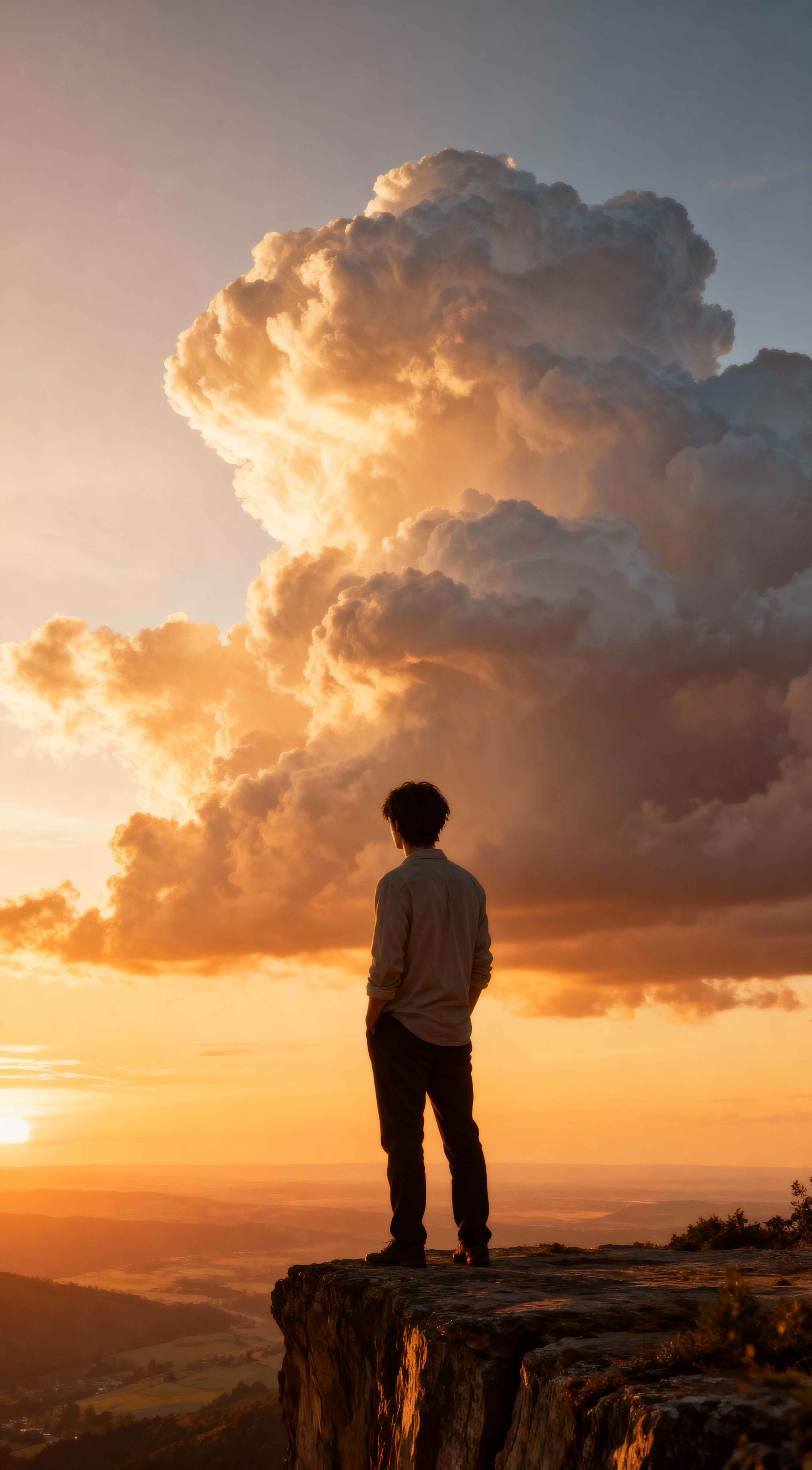 A man standing on a rocky cliff edge overlooking a valley under massive golden sunset clouds in 4K resolution.
