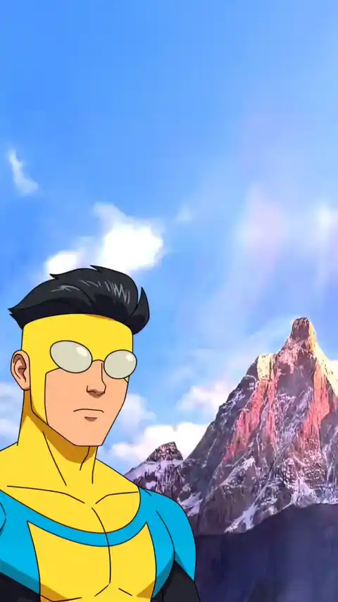Animated illustration of Mark Grayson from Invincible standing in front of snowy mountains under a clear blue sky.