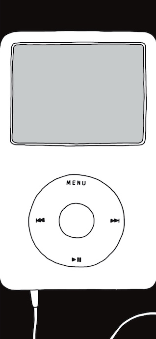 A hand-drawn white iPod Classic with a grey screen on a solid black background, minimalist line art style.
