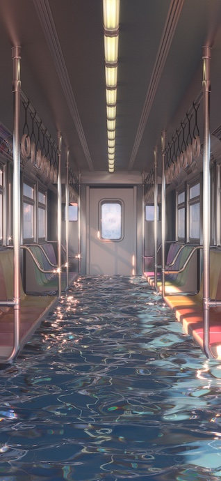 Surreales 3D-Rendering einer U-Bahn, deren Boden mit Wasser bedeckt ist, das das Sonnenlicht und bunte Sitze reflektiert.