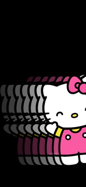 Hello Kitty avec un nœud rose et un effet d'écho sur un fond noir uni.