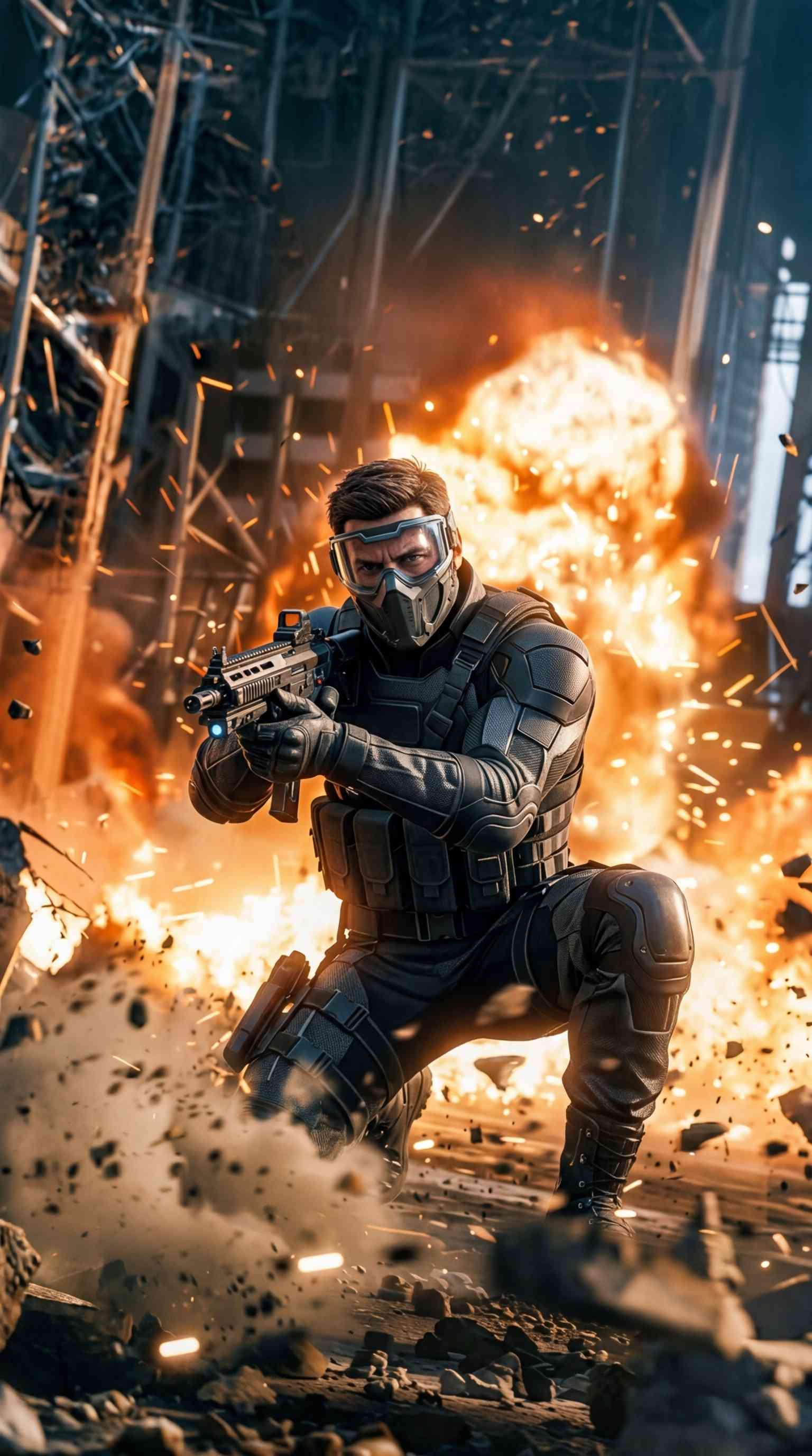 검은색 전술복과 마스크를 착용한 군인이 기관단총을 들고 무릎을 꿇고 있으며, 뒤편에는 거대한 화염 폭발이 일어나고 있는 모습.