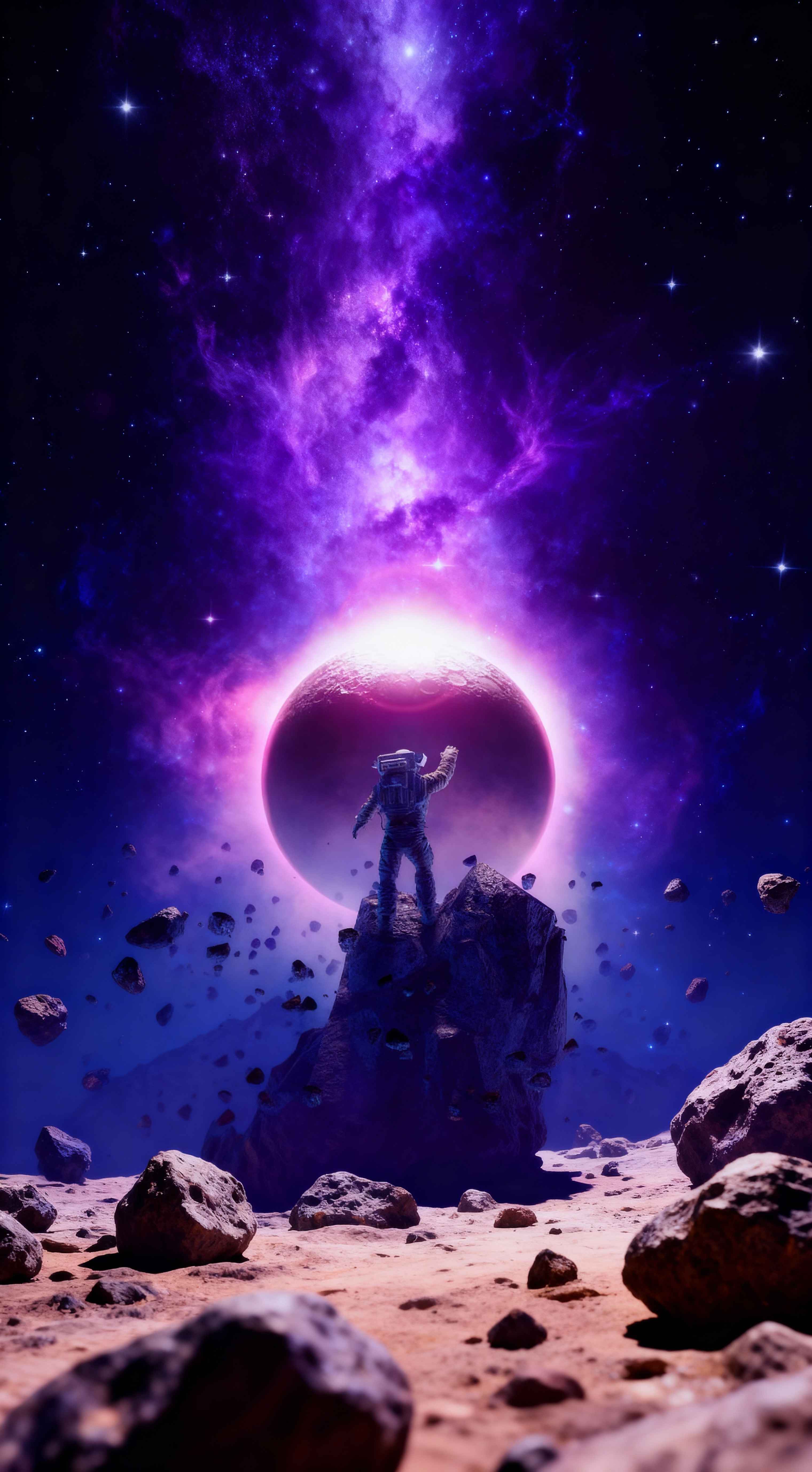 An astronaut standing on an asteroid looking at a glowing purple eclipse in a starry nebula space background.