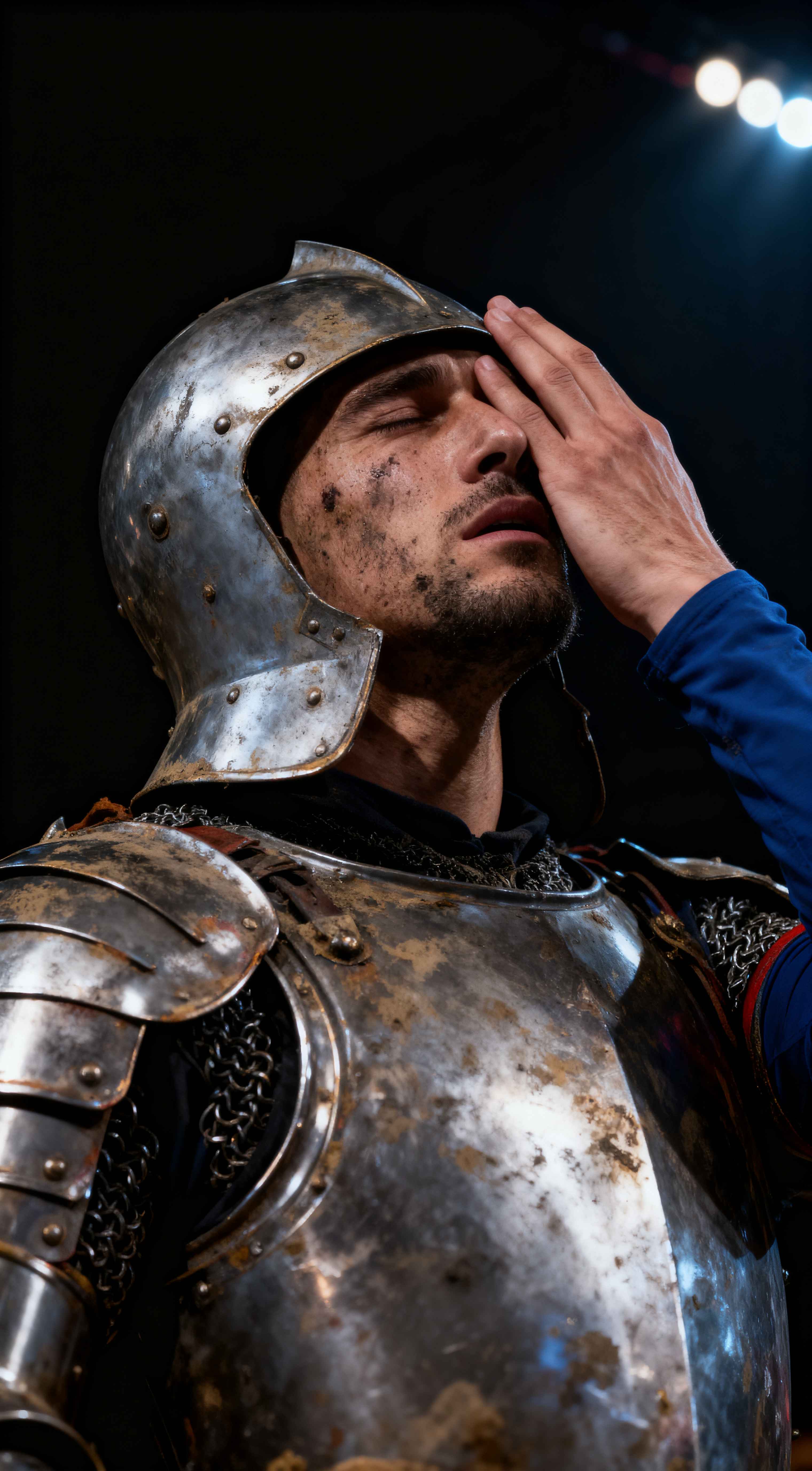Close-up of a dirty, exhausted medieval knight in silver armor with his hand to his face and eyes closed.