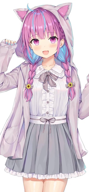 Anime girl Minato Aqua from Hololive wearing a white cat-eared hoodie and a grey skirt, featuring pink and blue braided hair on a white background.
