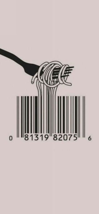 연한 분홍색 배경에 포크로 들어 올린 스파게티 면이 바코드로 변하는 미니멀한 일러스트.