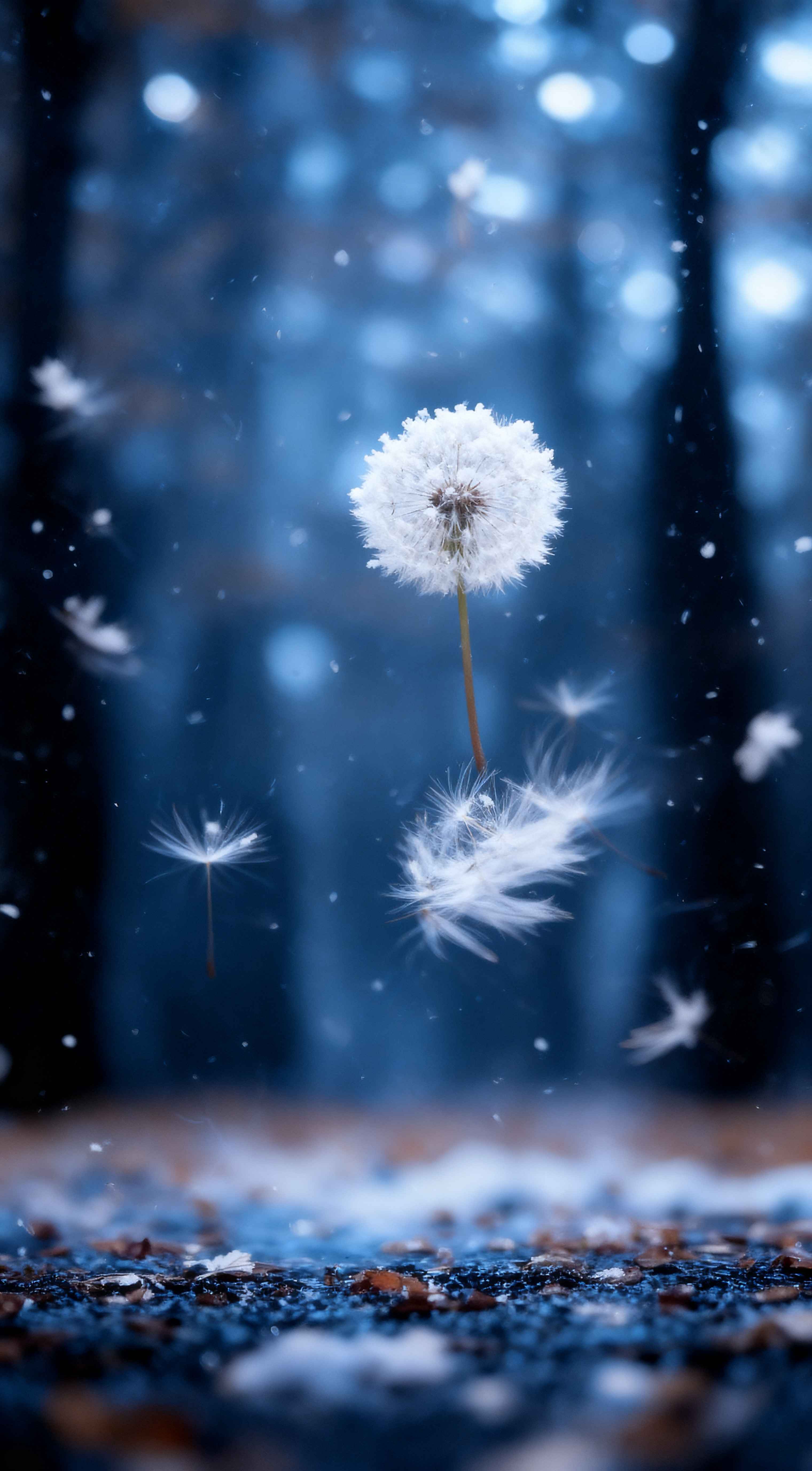 Macro shot of a frozen dandelion covered in snow with floating seeds in a blue wintry forest at twilight.