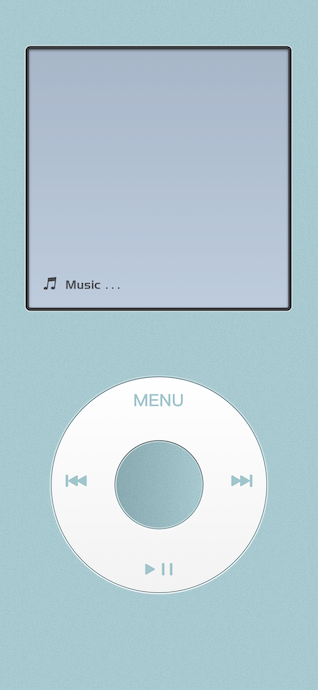 Un iPod retro azul claro con una rueda de clic blanca clásica y una pantalla gris que muestra un icono de música.