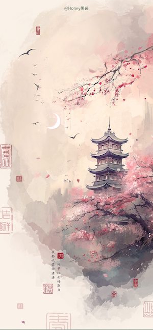 A traditional oriental ink wash painting featuring a tiered pagoda, blooming pink cherry blossoms, flying birds, and a crescent moon on a textured paper background.