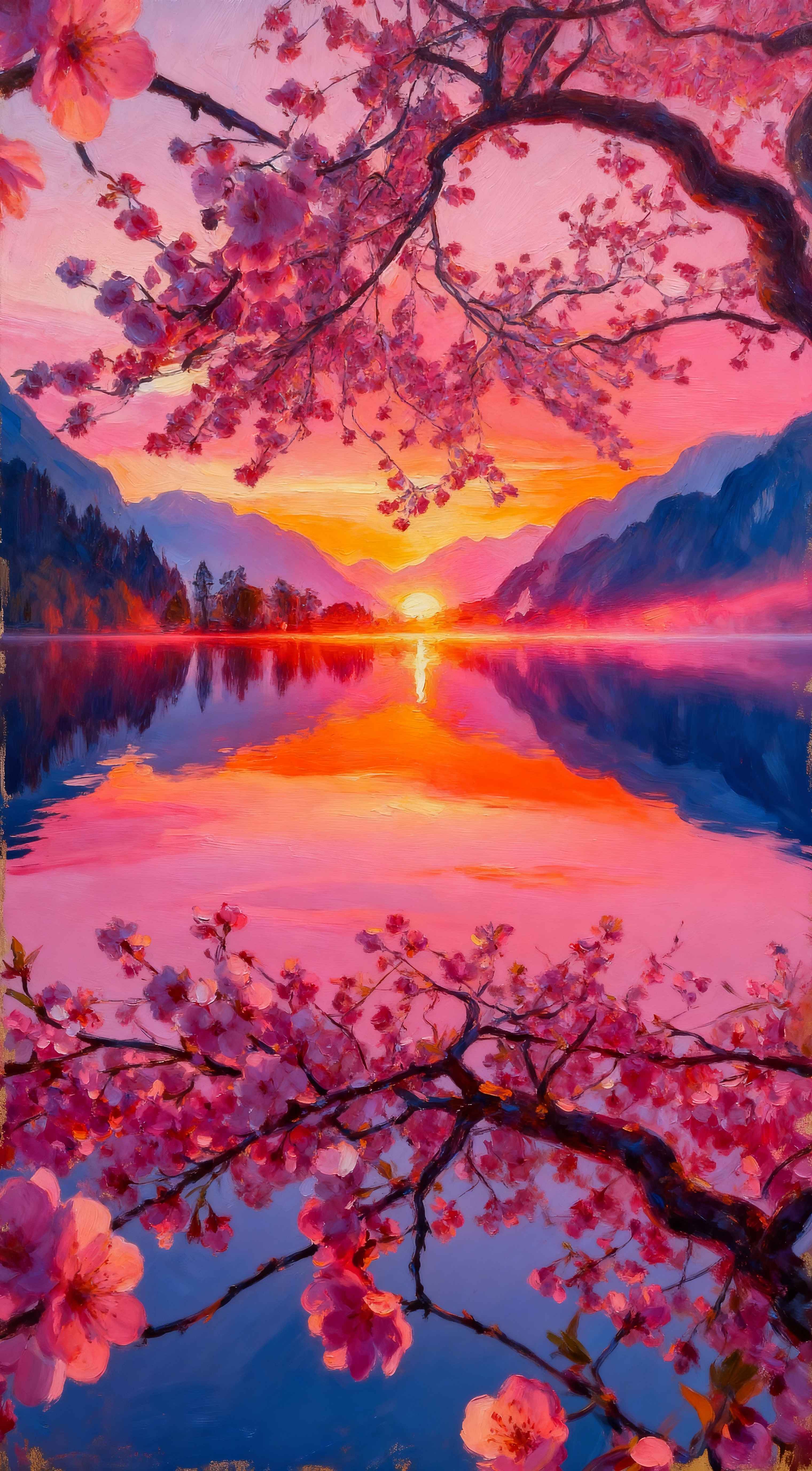 Impressionist oil painting of pink cherry blossoms framing a sunset over a calm lake with mountain reflections.