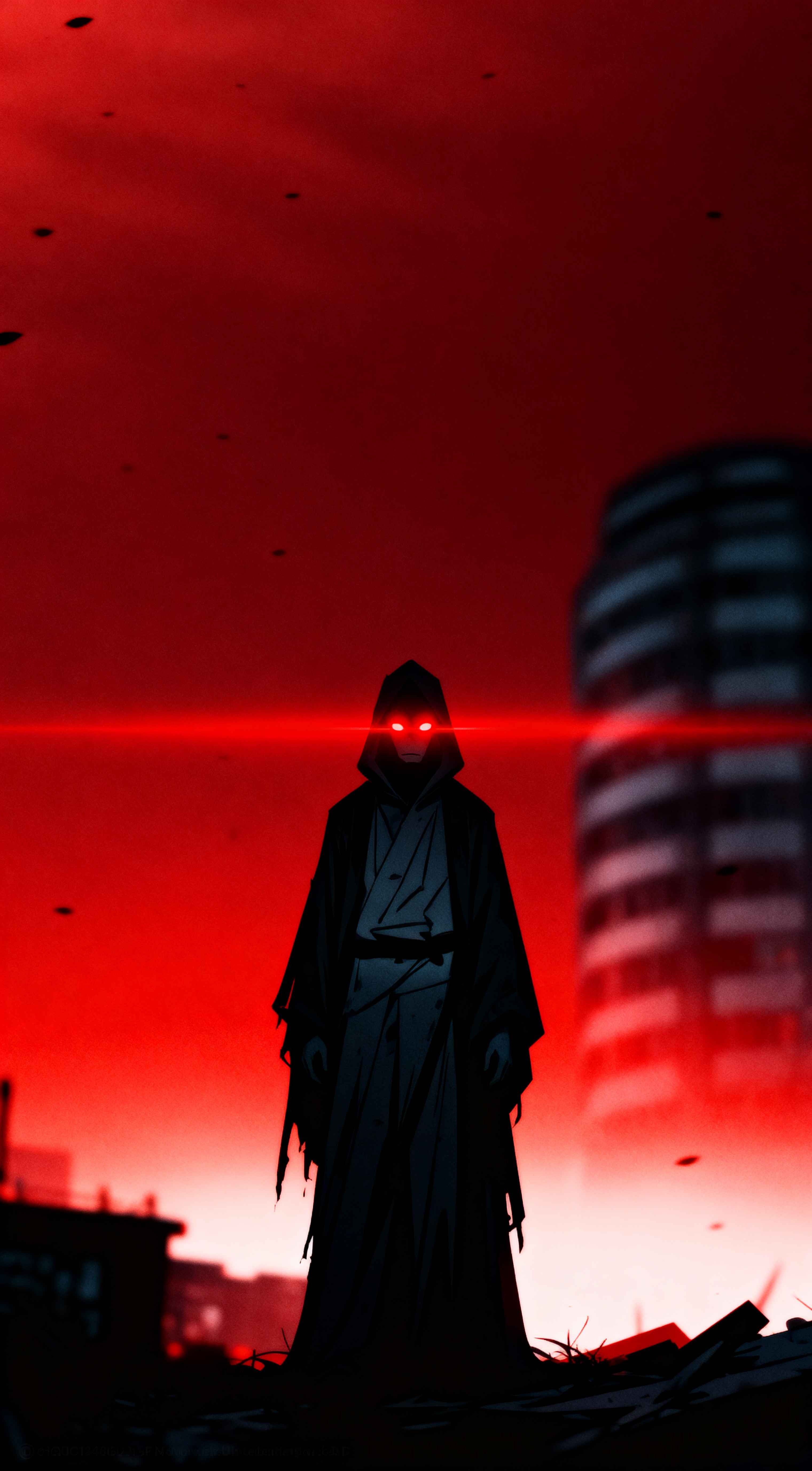 Silhouette of a hooded figure with glowing red eyes standing in a dark red urban landscape, anime art style.