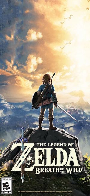 Link from Breath of the Wild standing on a cliff overlooking Hyrule with the Master Sword in the foreground under a bright sunset sky.