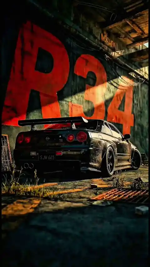 赤いR34のグラフィティがある工業的なガレージに停車する黒い日産スカイラインGT-R R34の動く壁紙。
