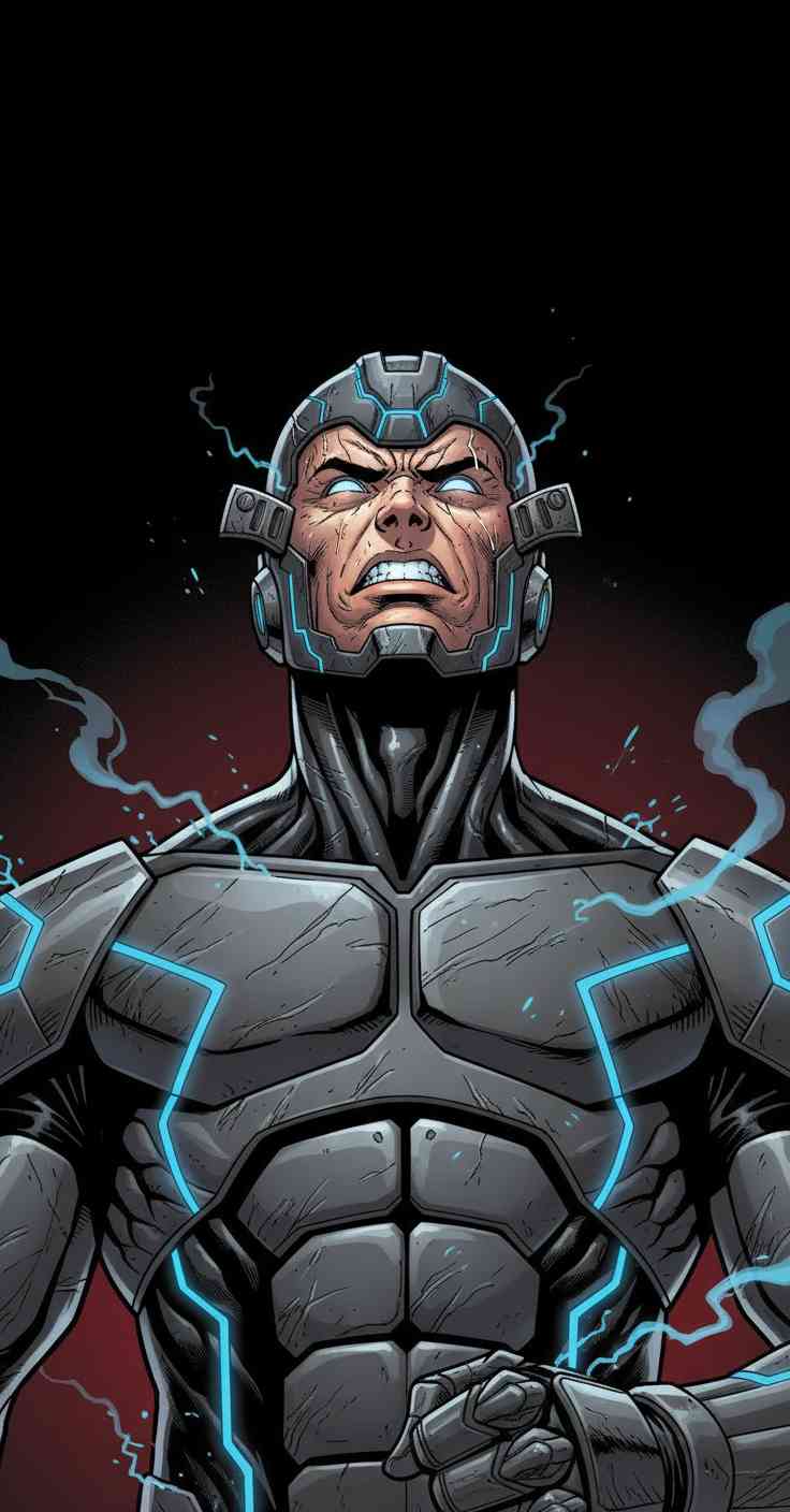 Comic art of DC's Cyborg Victor Stone in metallic grey armor with glowing blue electric lines and white eyes.