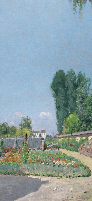 An impressionist oil painting of a lush summer garden with red and white flowers, tall green trees, and a clear blue sky under soft daylight.