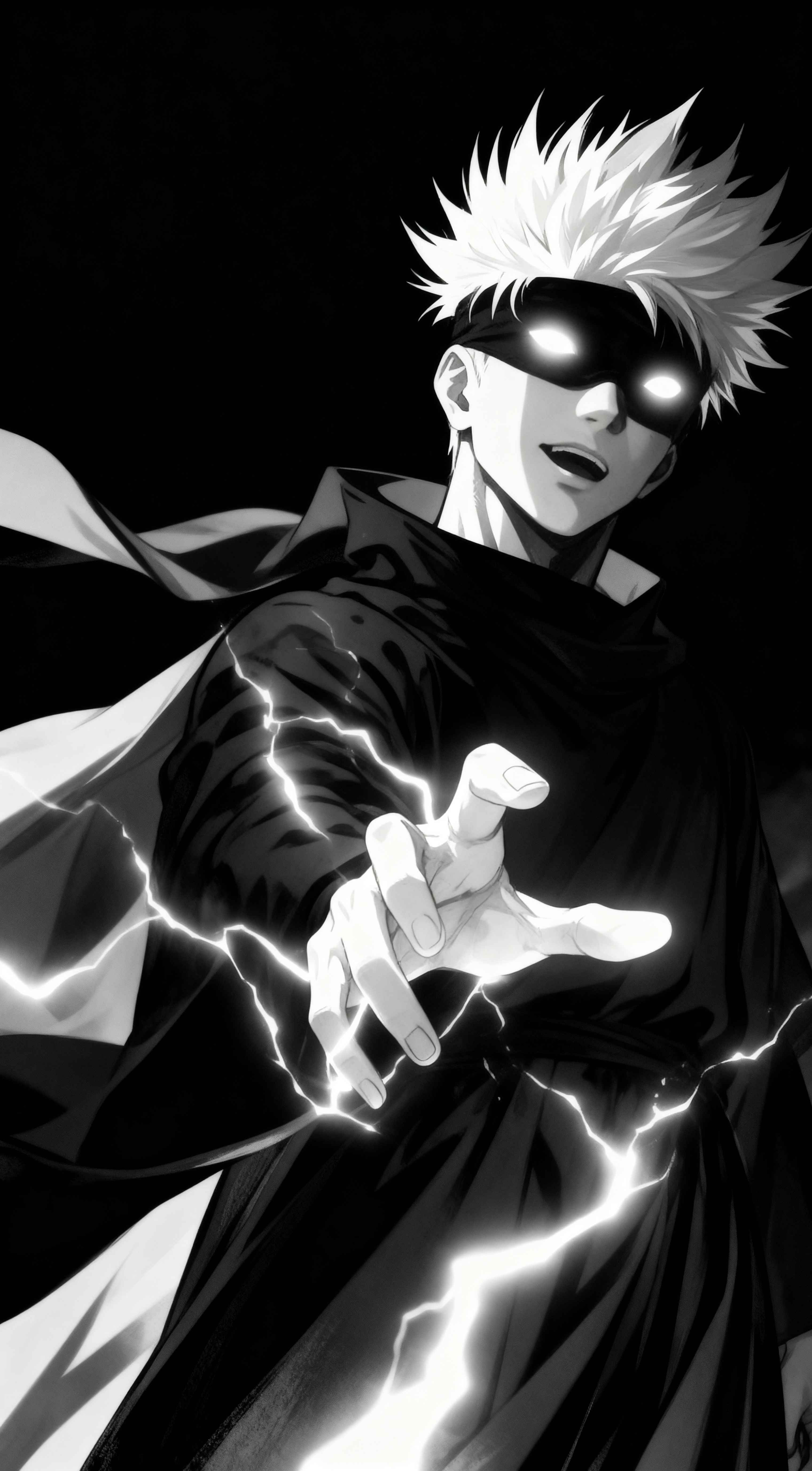 Satoru Gojo in monochrome manga style with glowing eyes behind a blindfold and lightning around his outstretched hand.
